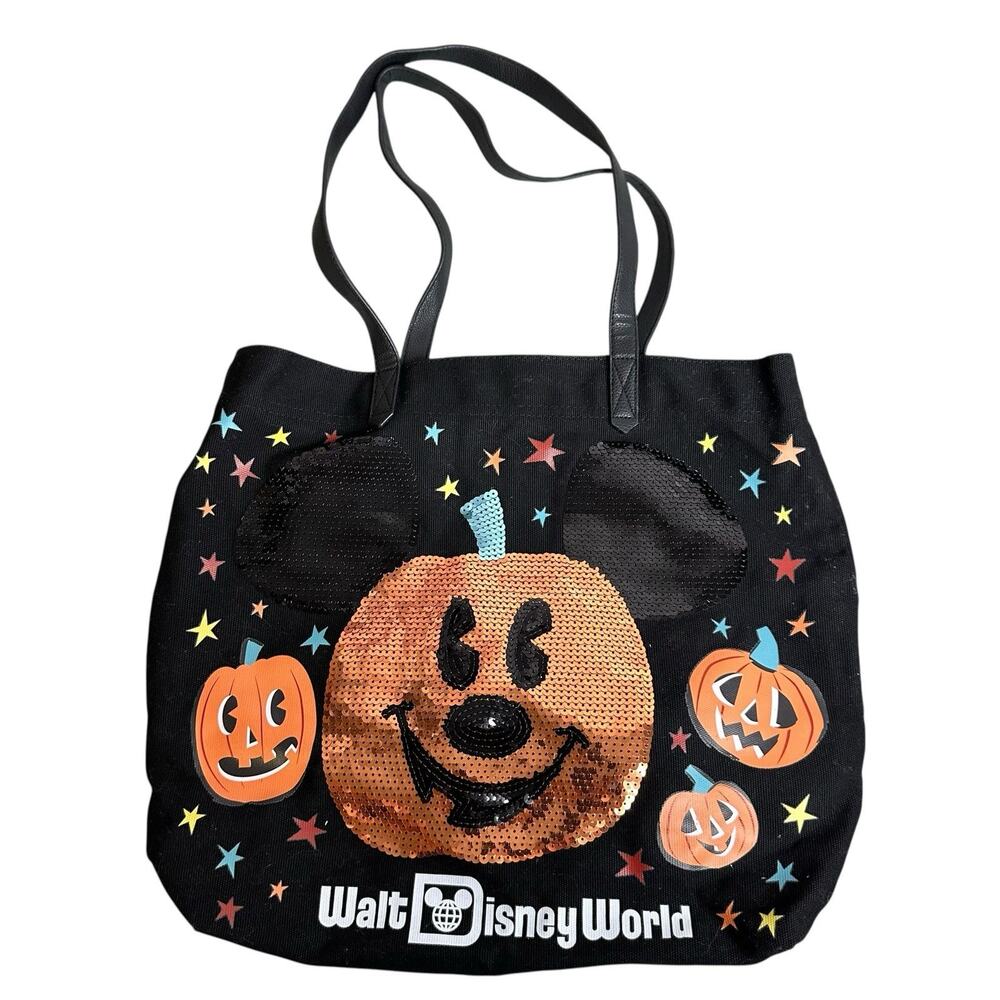 Walt Disney World 2020 Halloween Mickey Mouse Pumpkin Sequin Black Tote Bag